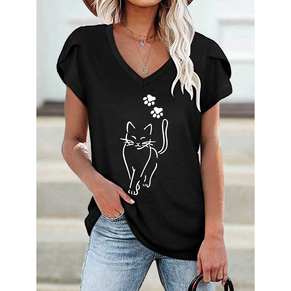 Cat With Paws Print Petal Sleeve T Shirt
