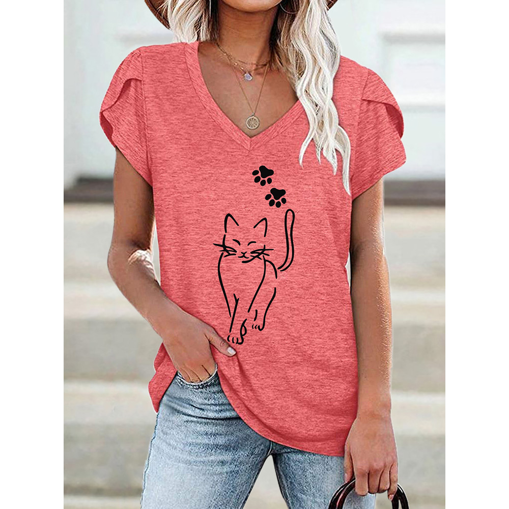 Cat With Paws Print Petal Sleeve T Shirt