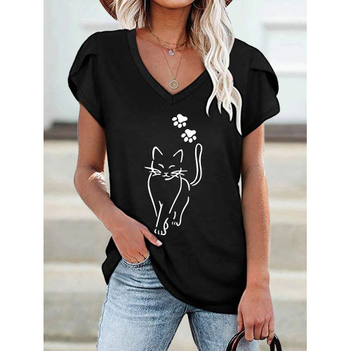 Cat With Paws Print Petal Sleeve T Shirt