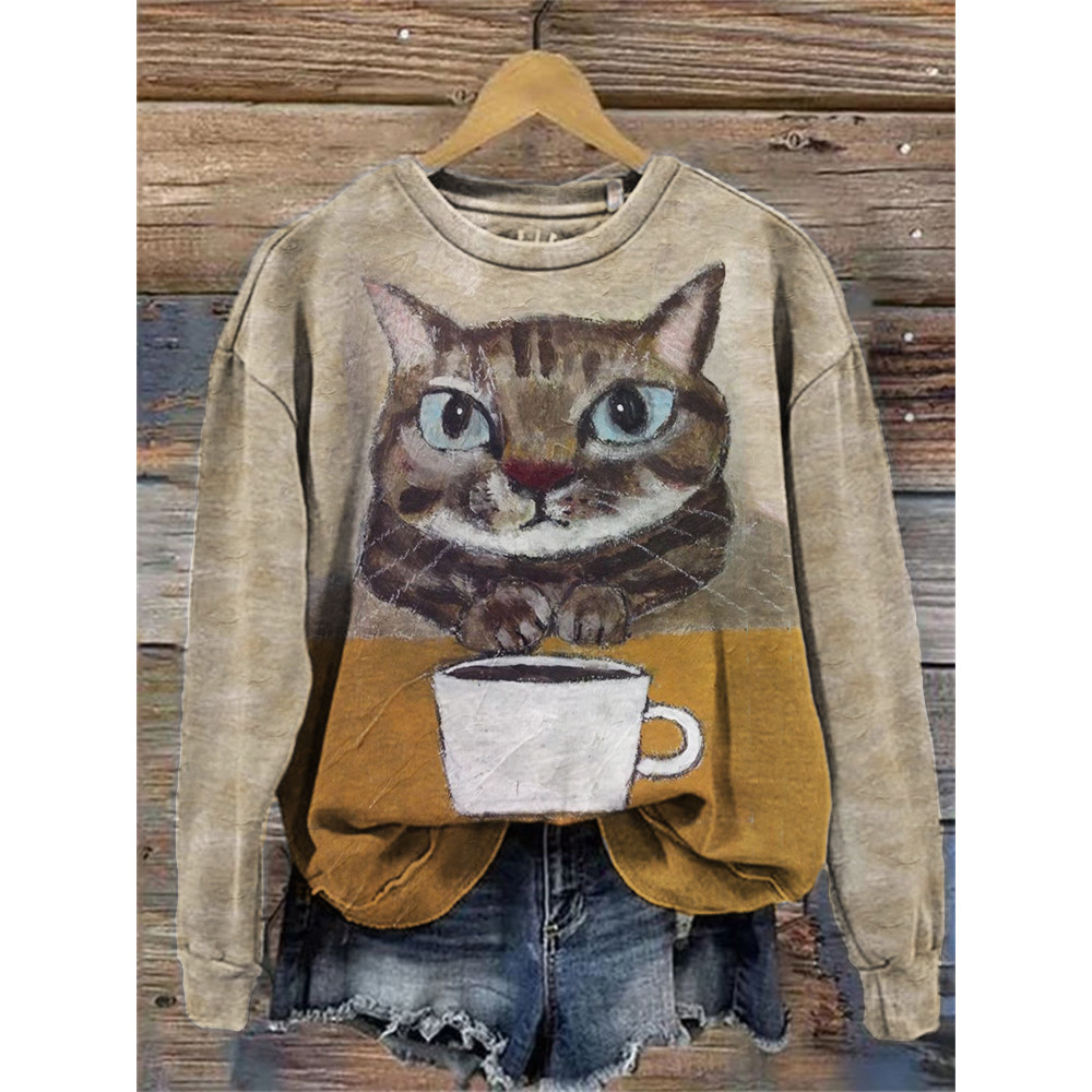 Cat & Coffee Crayon Painting Comfy Sweatshirt