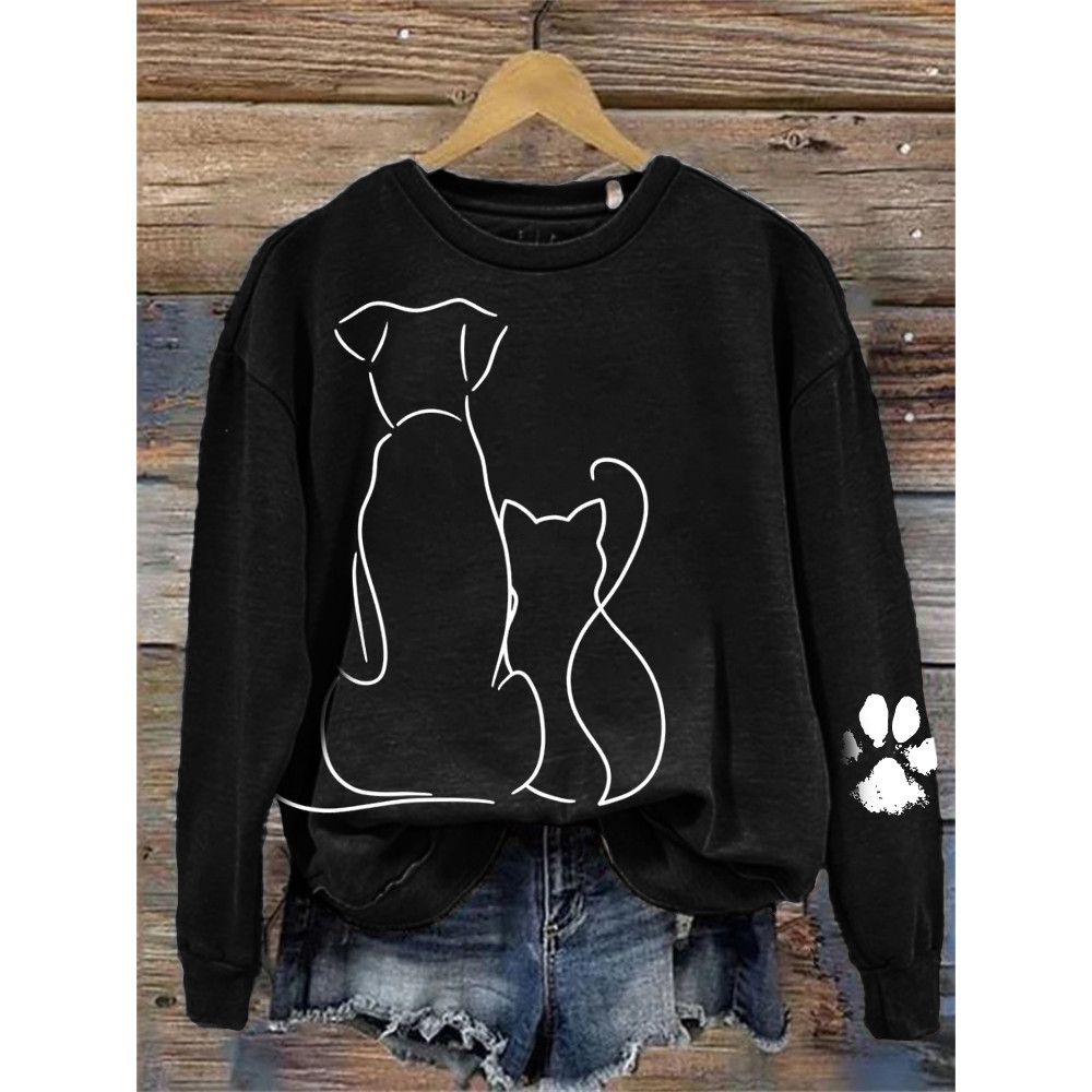 Cat & Dog Line Art Paw Print Comfy Sweatshirt