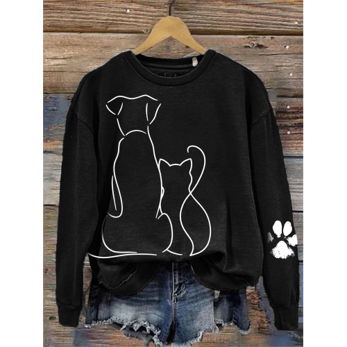 Cat & Dog Line Art Paw Print Comfy Sweatshirt