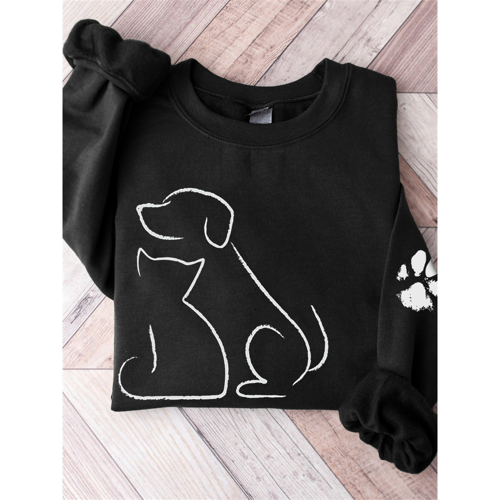 Cat & Dog Line Art Paw Print Comfy Sweatshirt