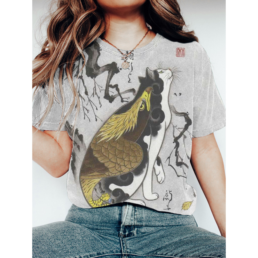 Cat & Eagle Japanese Art Short Sleeve T-Shirt