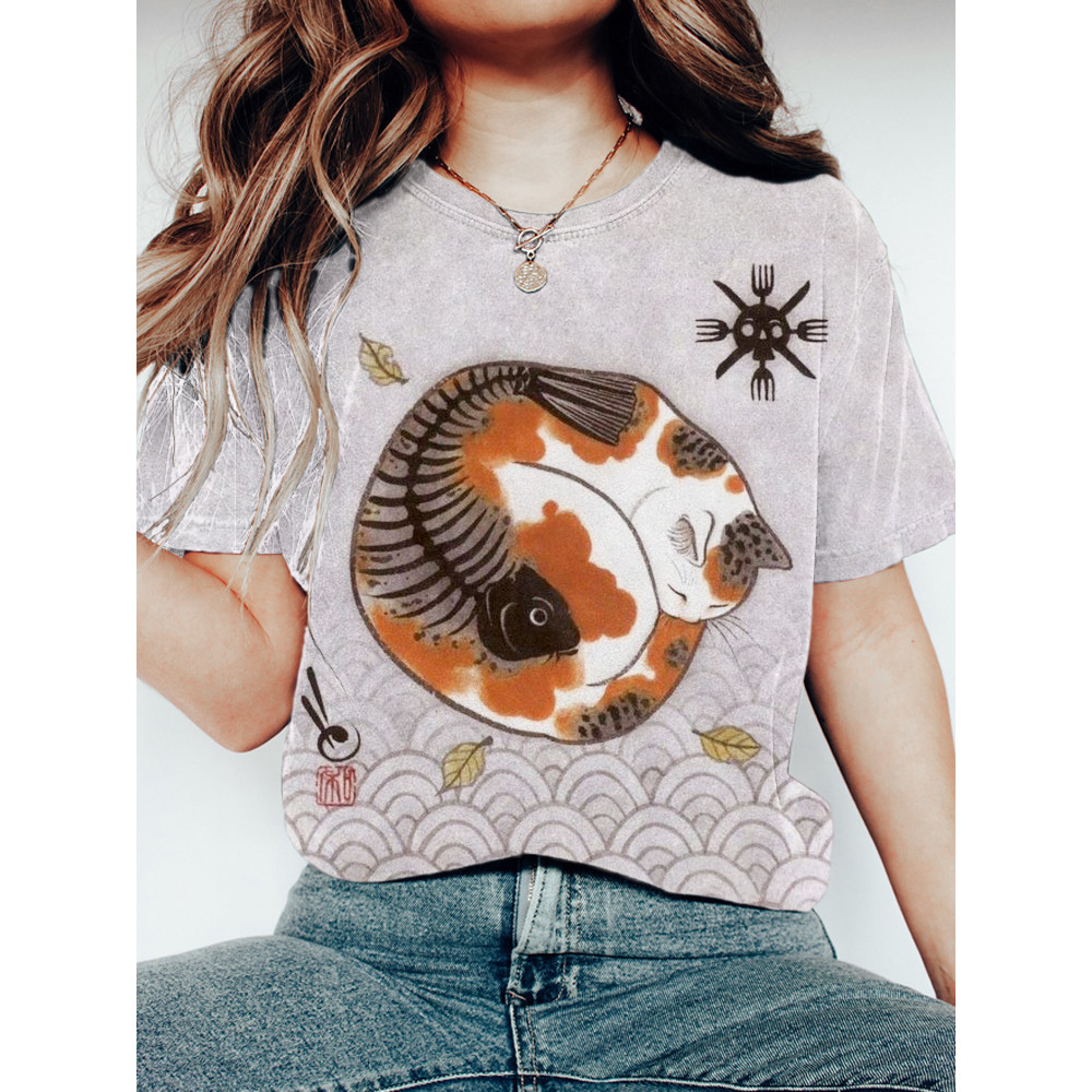 Cat & Fish Japanese Art Short Sleeve T-Shirt