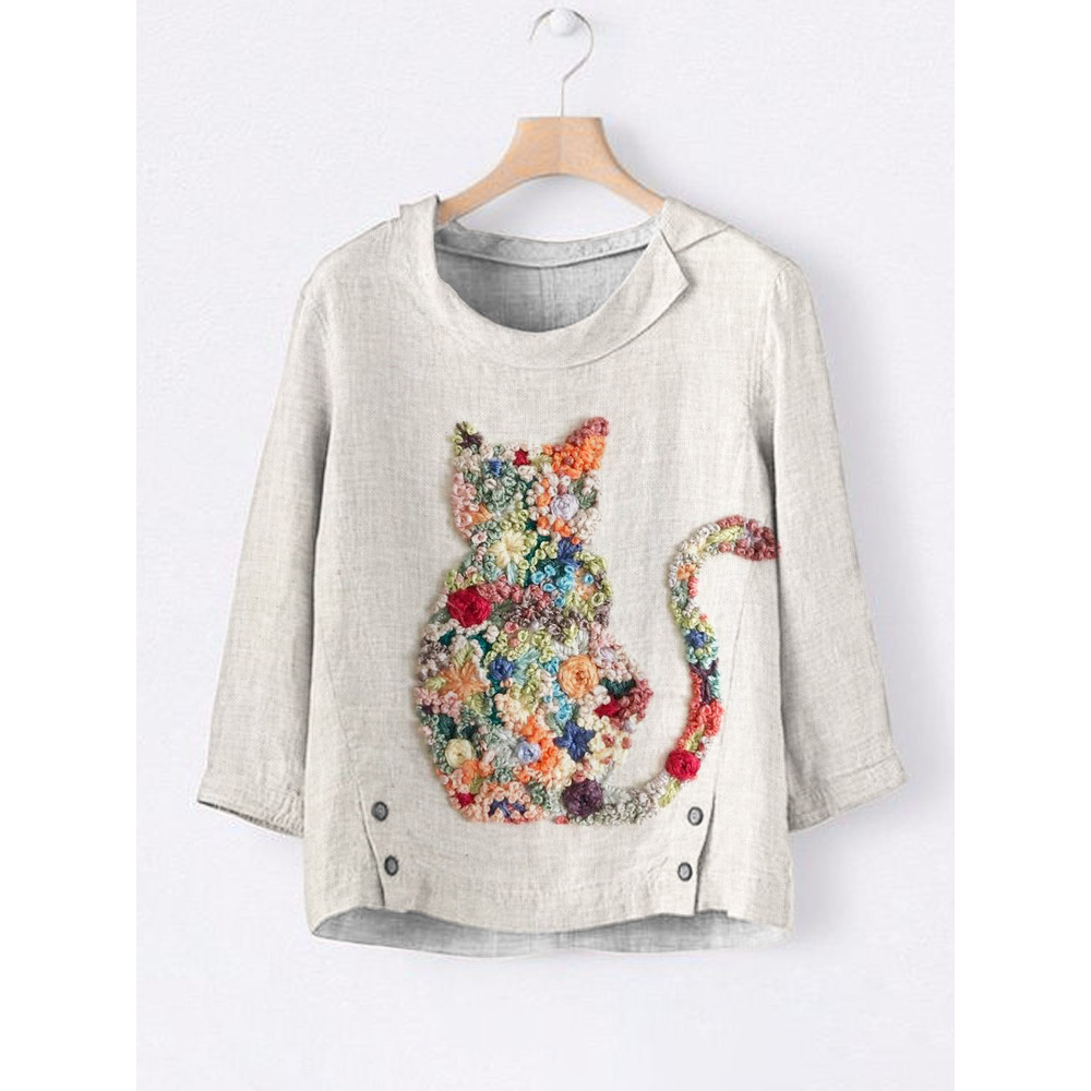 Cat & Floral Embroidery Linen Collar Shirt
