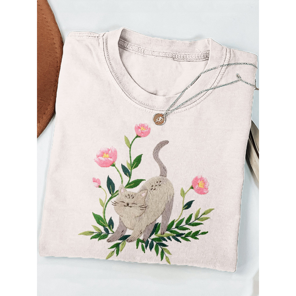 Cat & Flower Embroidery Art Graphic Comfy T Shirt