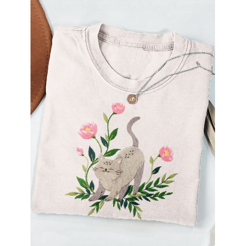 Cat & Flower Embroidery Art Graphic Comfy T Shirt