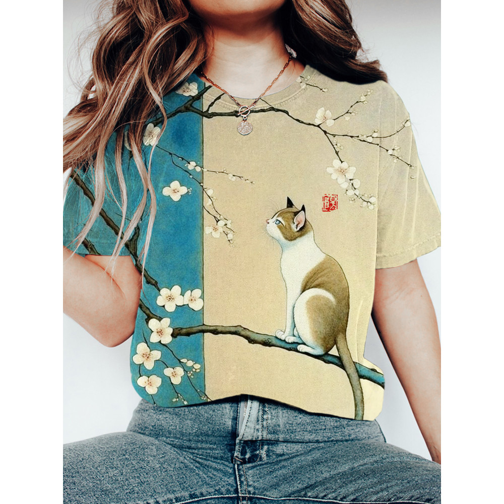 Cat & Flower Japanese Art Short Sleeve T-Shirt
