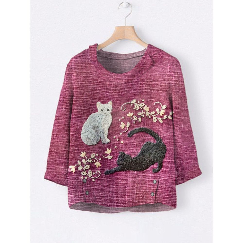 Cat & Flower Vine Embroidery Linen Lapel Shirt