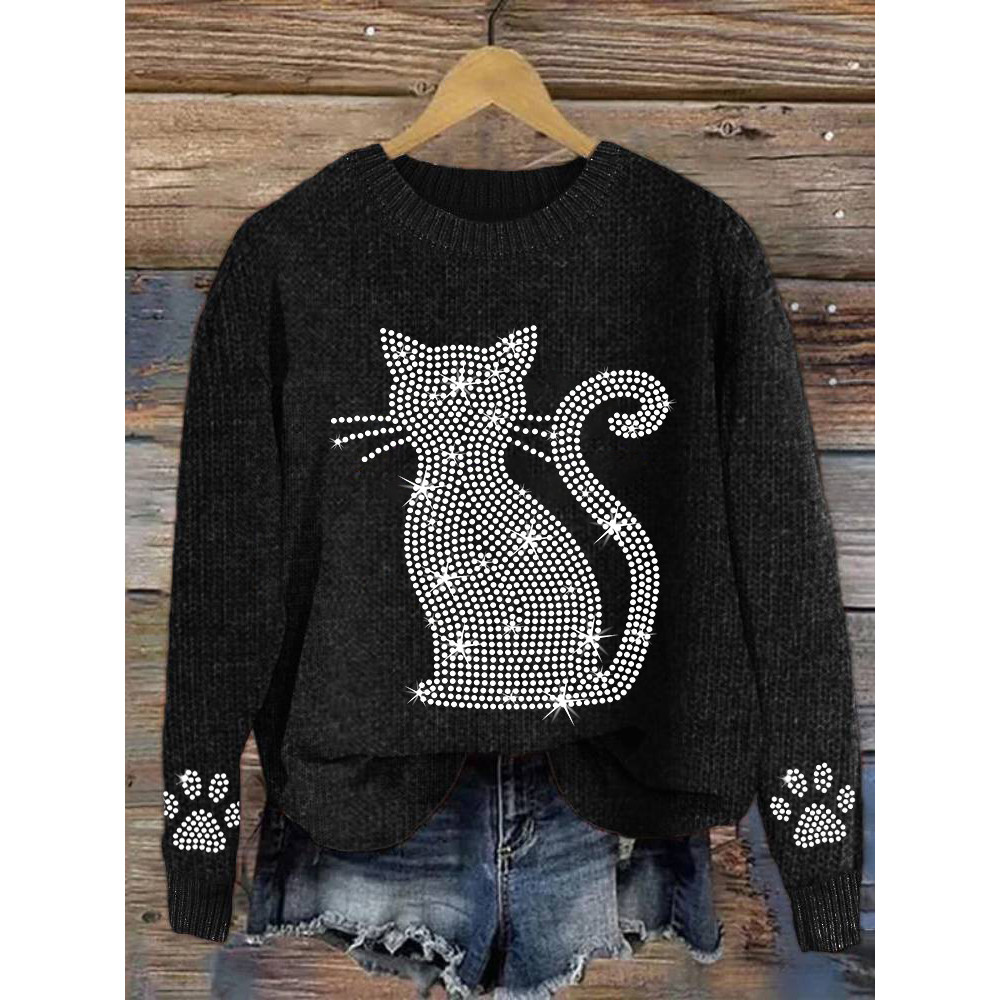 Cat & Paw Rhinestone Casual Cozy knit Sweater