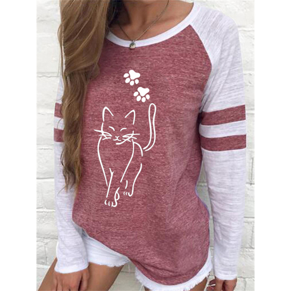 Cat & Paws Print Contrast Color T Shirt
