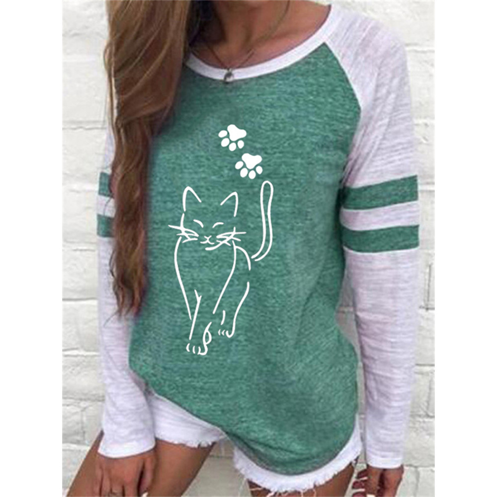 Cat & Paws Print Contrast Color T Shirt