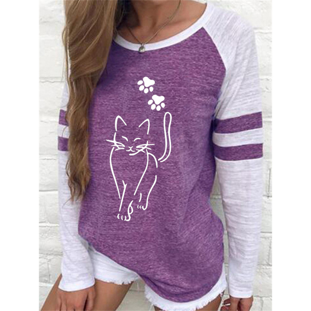 Cat & Paws Print Contrast Color T Shirt