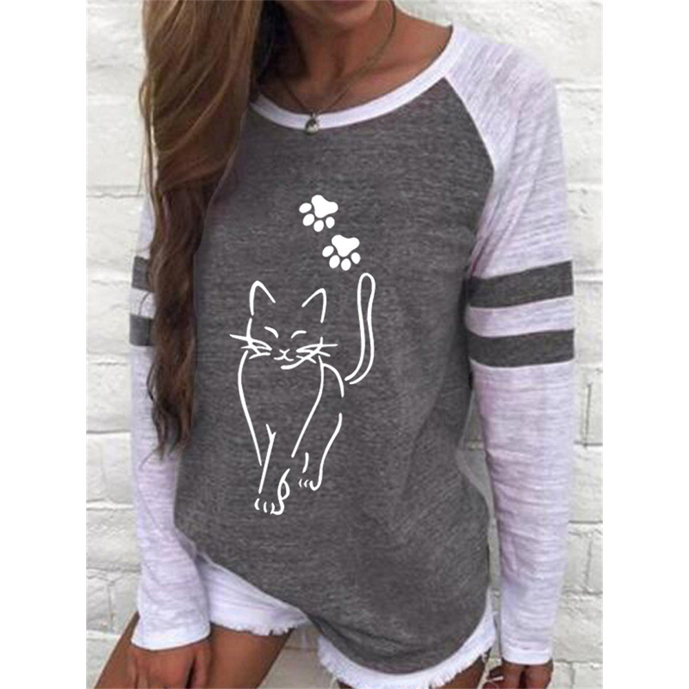 Cat & Paws Print Contrast Color T Shirt