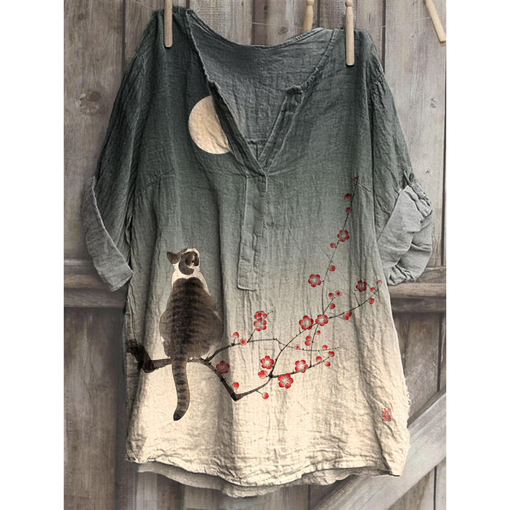 Cat & Plum Blossom Print Cozy Cotton Linen Shirt