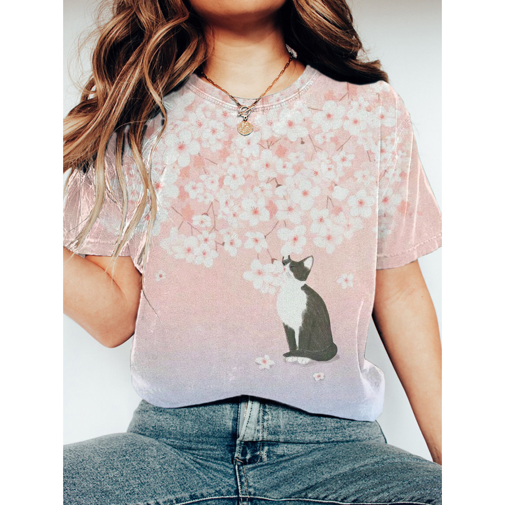 Cat & Sakura Japanese Print Short Sleeve T-Shirt