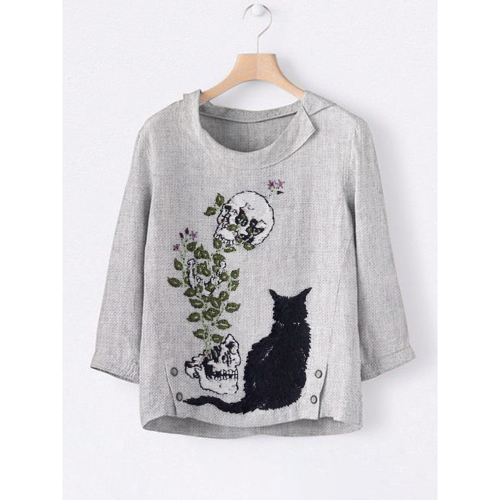 Cat & Skull Embroidery Linen Collar Shirt