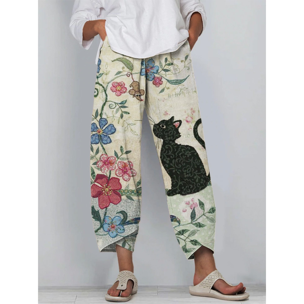Cat in Nature Fiber Art Cropped Casual Pants
