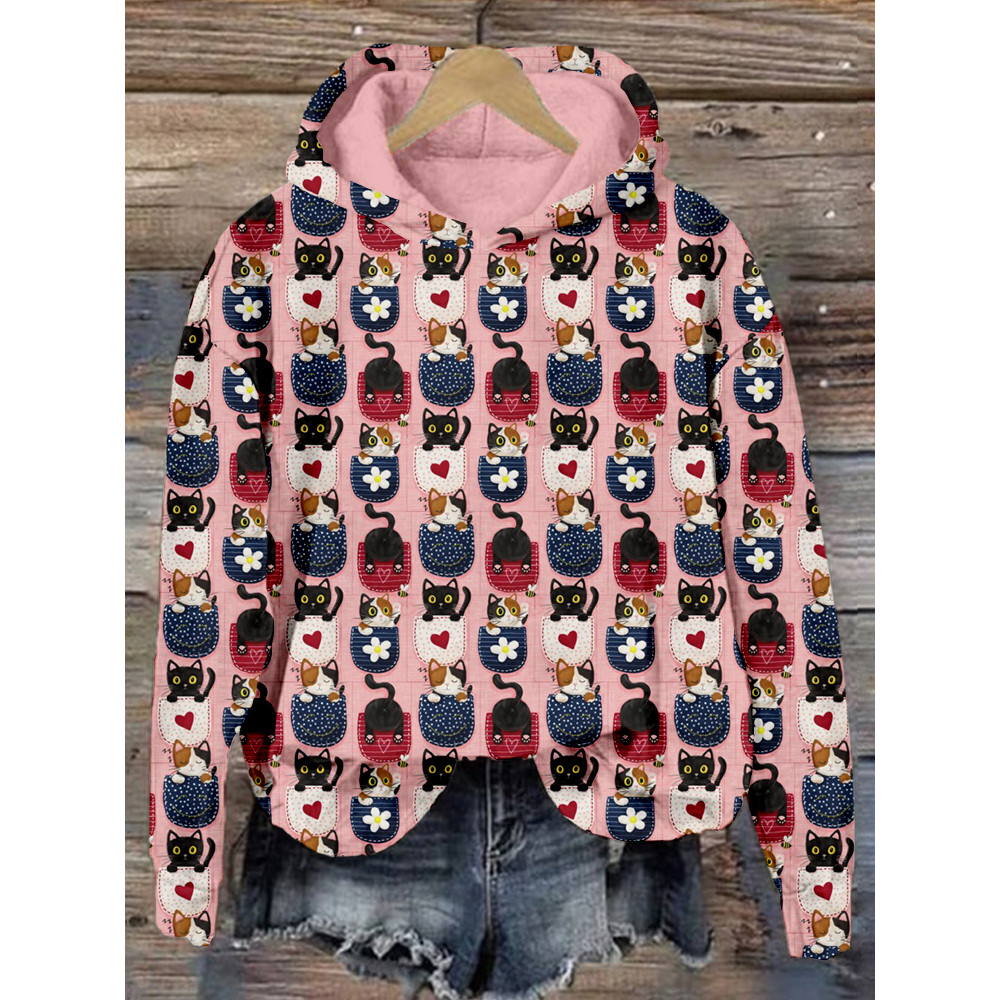 Cat in the Pocket Pattern Print Cozy Hoodie