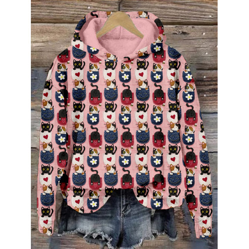Cat in the Pocket Pattern Print Cozy Hoodie