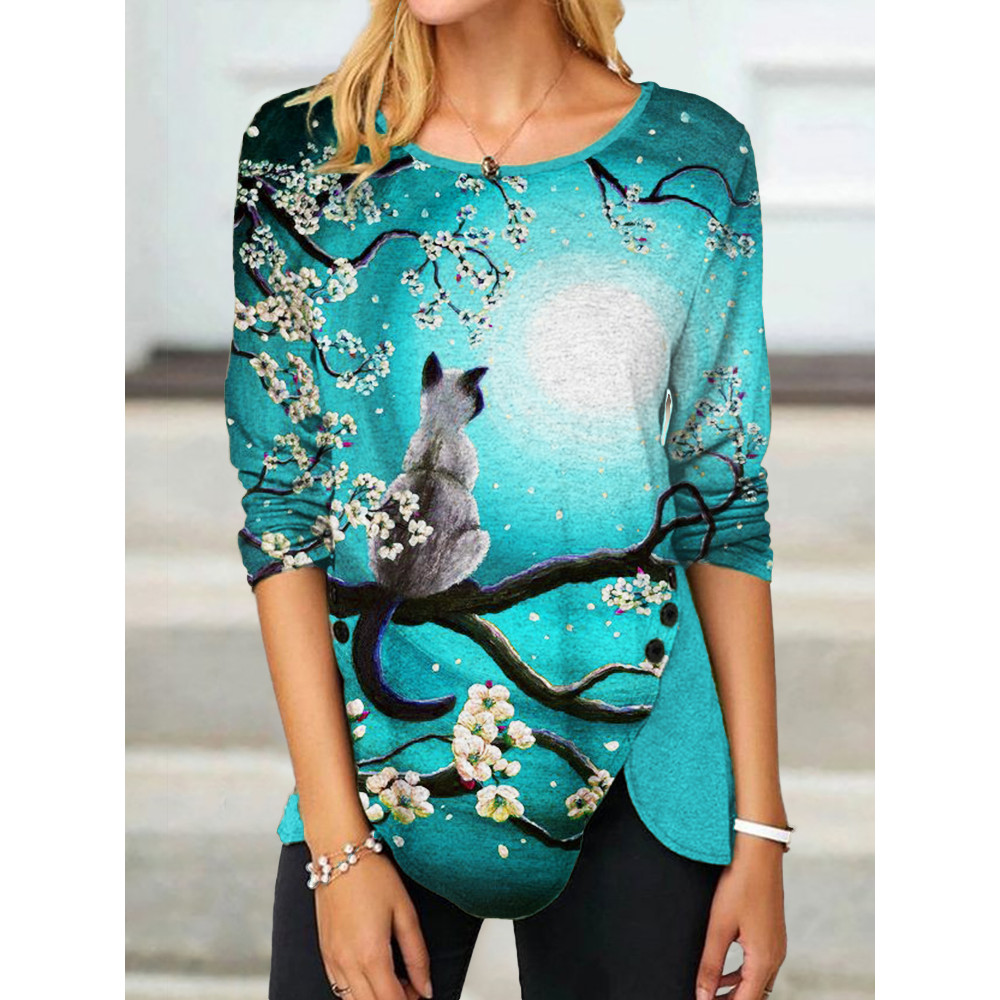 Cat on Almond Tree Art Button Slit T Shirt