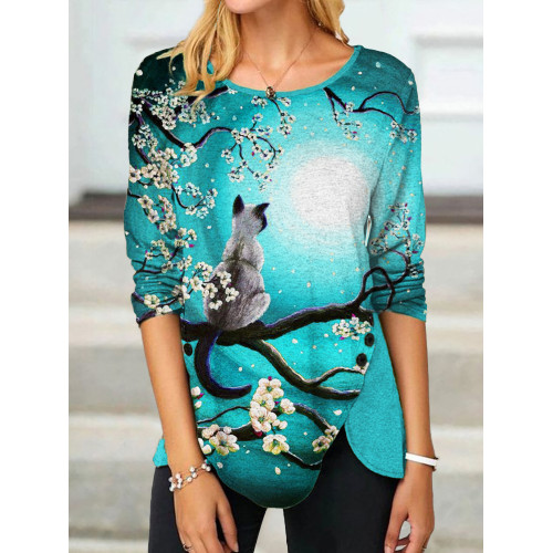 Cat on Almond Tree Art Button Slit T Shirt