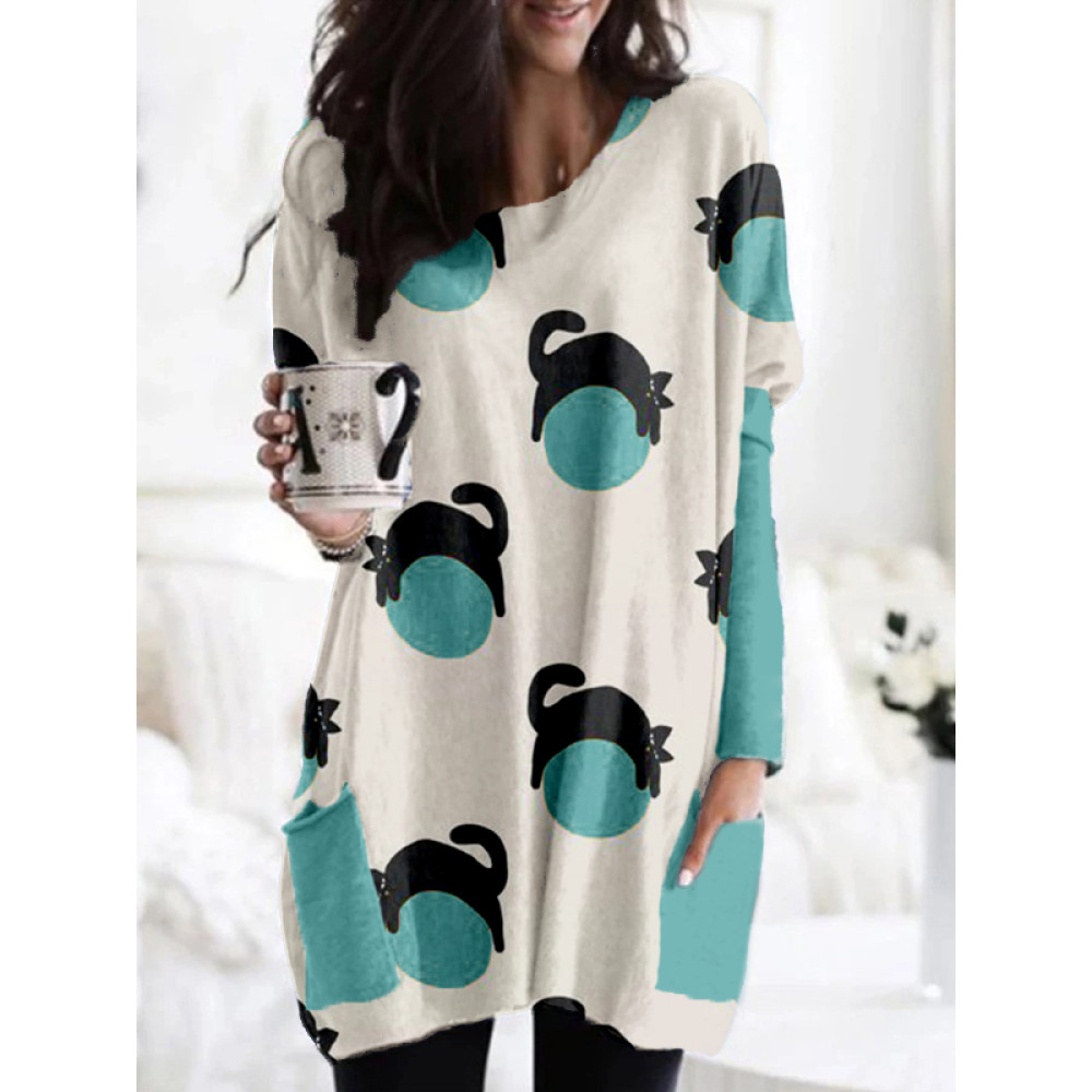 Cat with Ball Art Pattern Contrast Patch Pocket Tunic