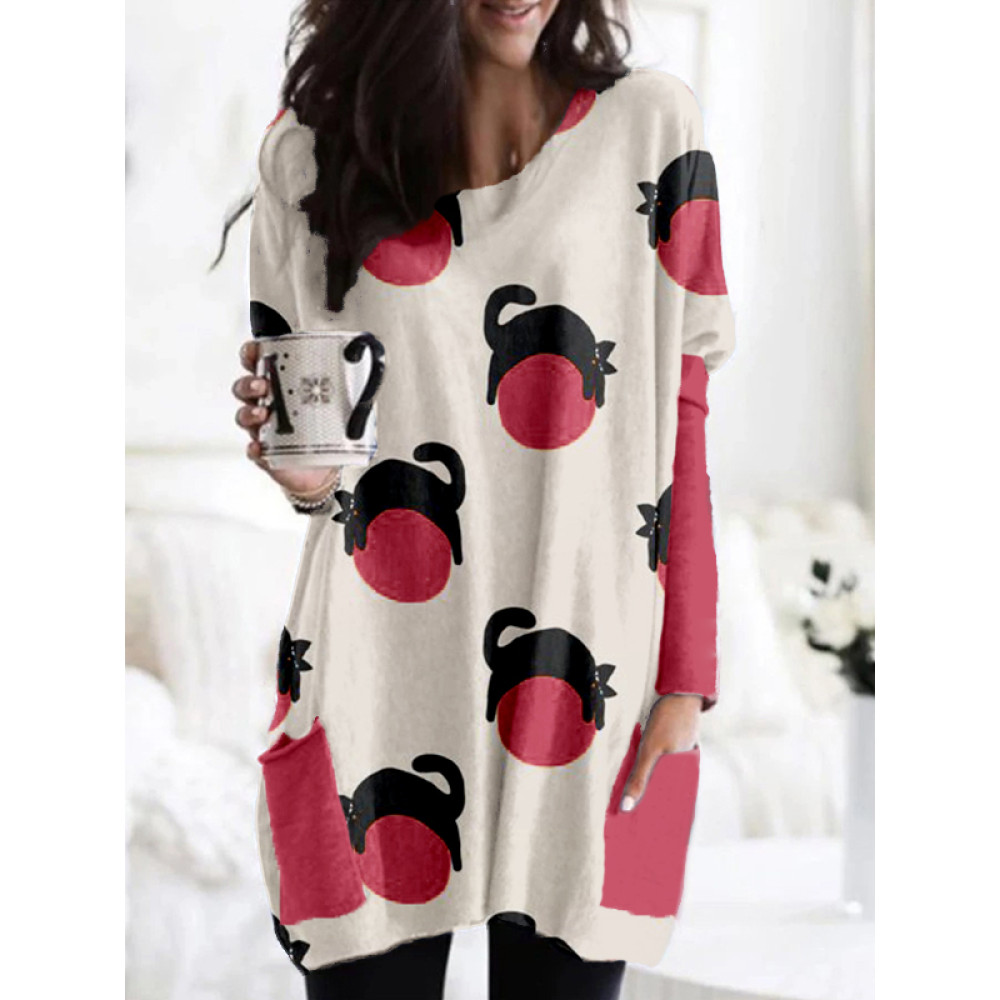 Cat with Ball Art Pattern Contrast Patch Pocket Tunic