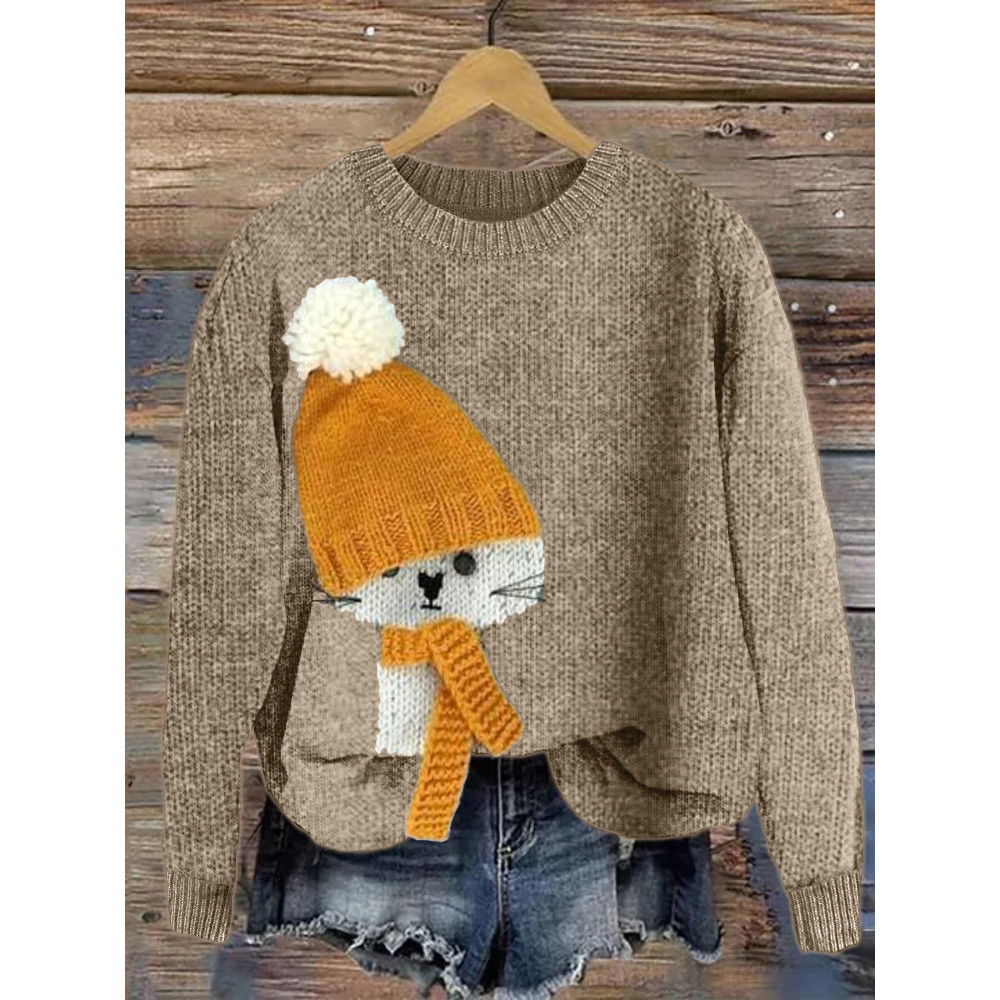 Cat with Hat Knit Art Cozy Sweater