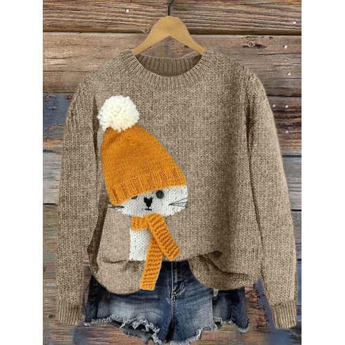 Cat with Hat Knit Art Cozy Sweater