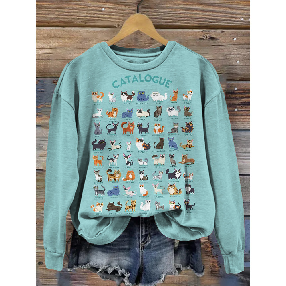 Cats Catalogue Graphic Crew Neck Casual Sweatshirt