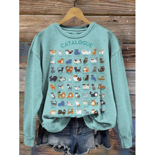 Cats Catalogue Graphic Crew Neck Casual Sweatshirt
