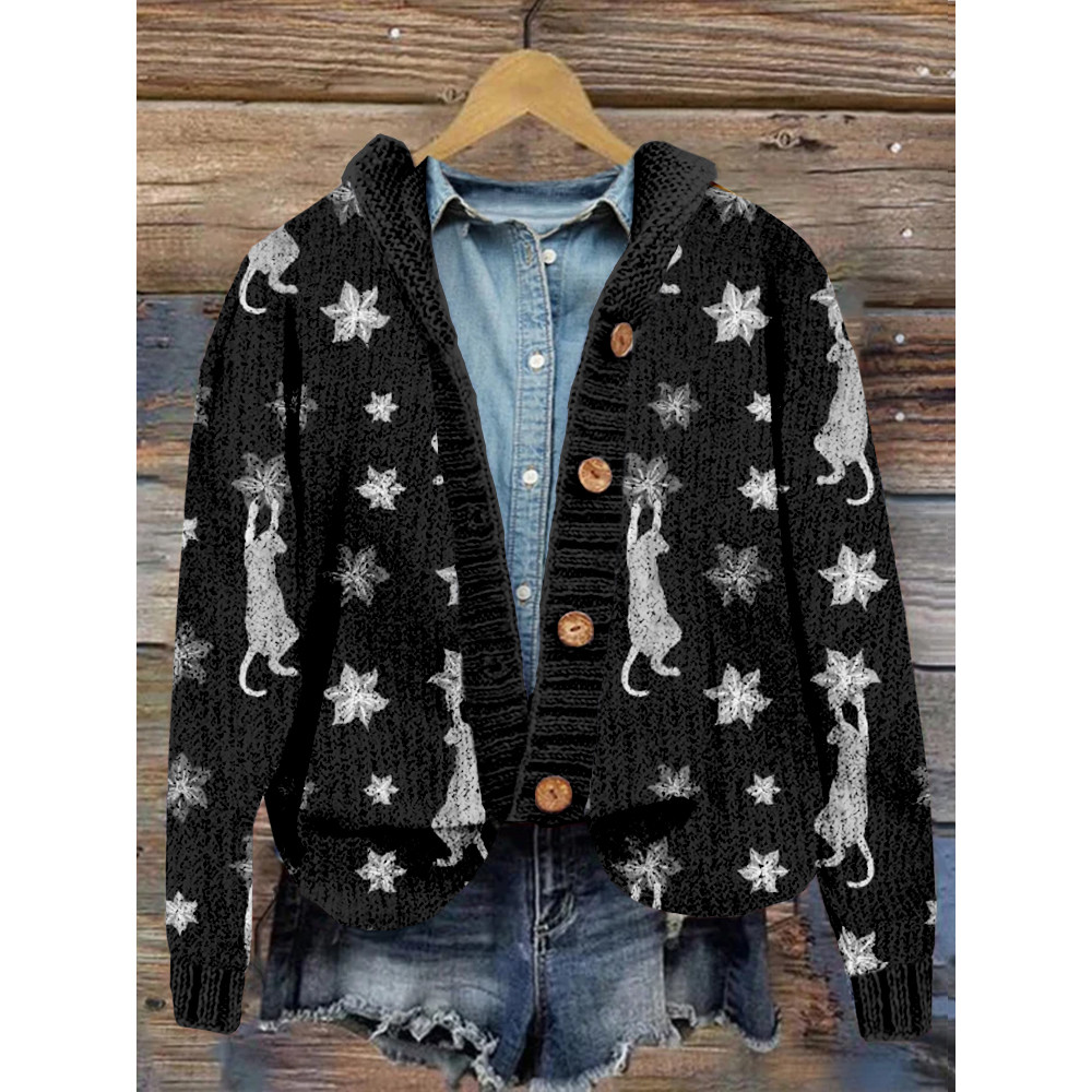 Cats Climbing Flowers Graphic Cozy Hooded Button Cardigan