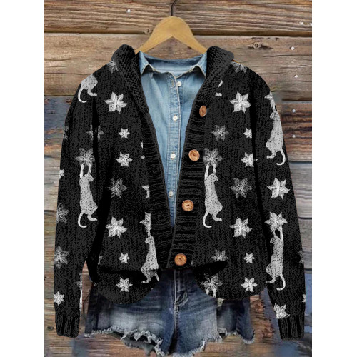Cats Climbing Flowers Graphic Cozy Hooded Button Cardigan