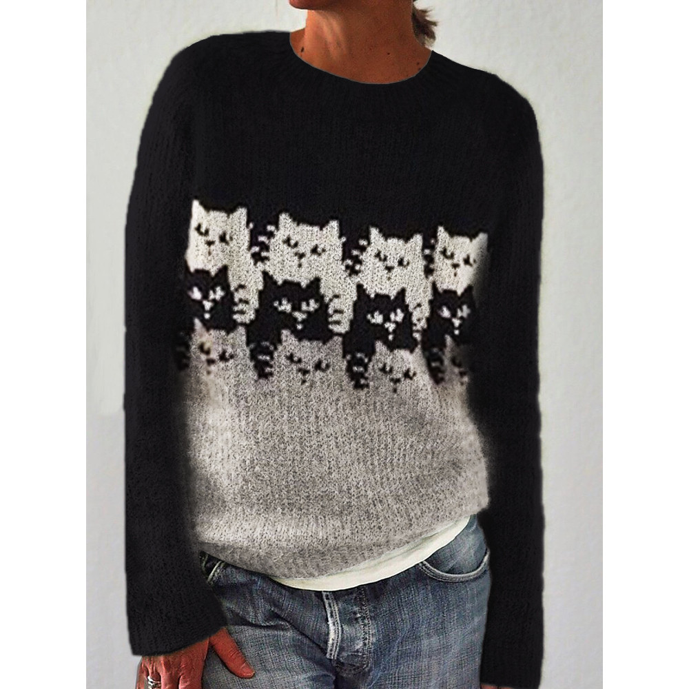 Cats Colorblock Knit Art Cozy Sweater
