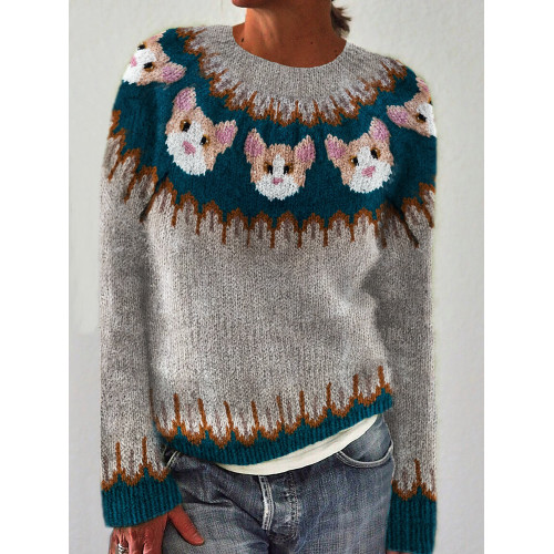 Cats Inspired Knit Cozy Yoke Sweater