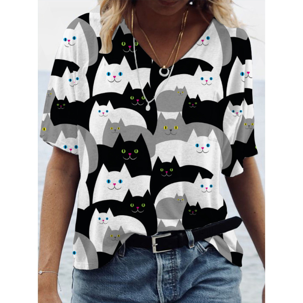 Cats Printed V-Neck Casual Tee