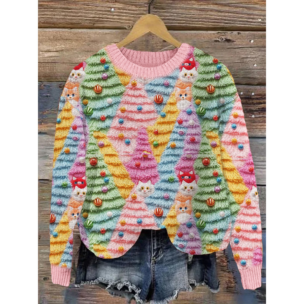 Cats & Colorful Christmas Trees Crochet Art Cozy Sweater