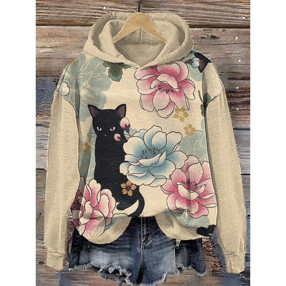 Cats & Flowers Japanese Art Print Cotton Cozy Hoodie