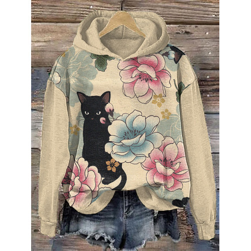 Cats & Flowers Japanese Art Print Cotton Cozy Hoodie