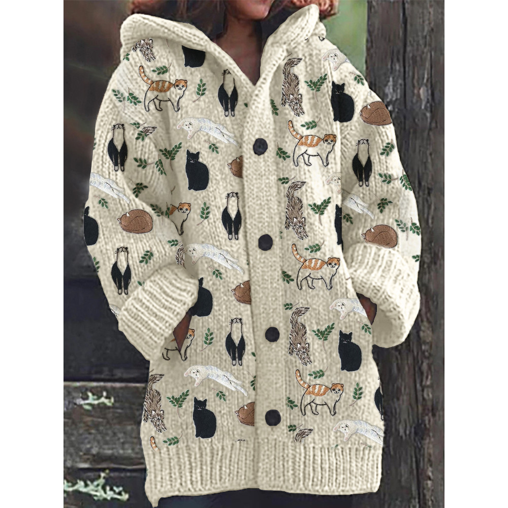 Cats & Leaves Embroidery Pattern Cozy Hooded Cardigan