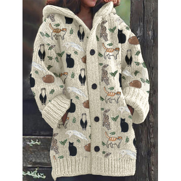 Cats & Leaves Embroidery Pattern Cozy Hooded Cardigan