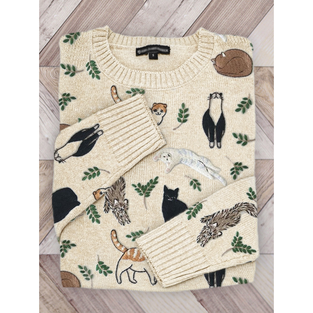 Cats & Leaves Embroidery Pattern Cozy Knit Sweater