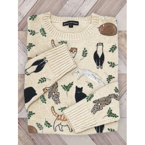 Cats & Leaves Embroidery Pattern Cozy Knit Sweater