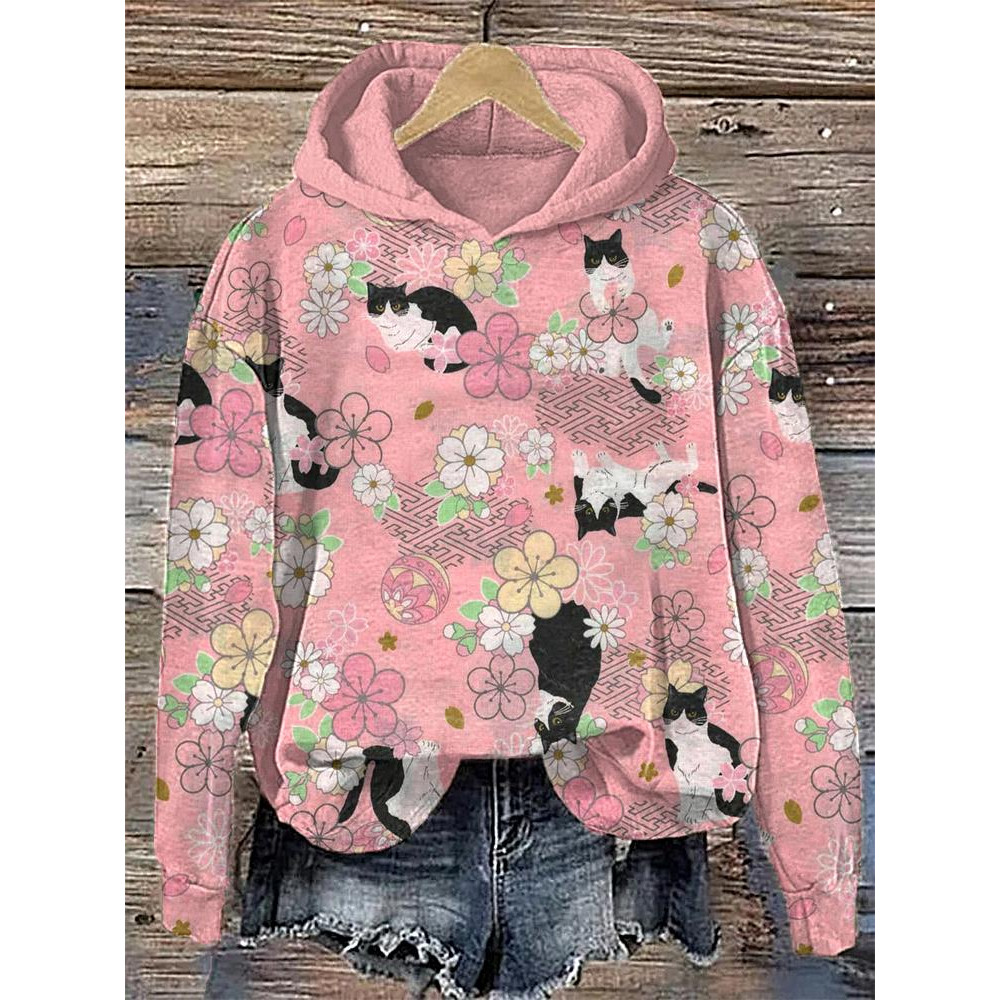 Cats and Plum Blossoms Print Cotton Cozy Hoodie