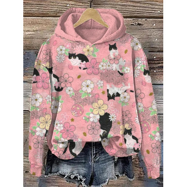 Cats and Plum Blossoms Print Cotton Cozy Hoodie