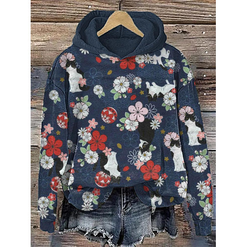 Cats and Plum Blossoms Print Cotton Cozy Hoodie