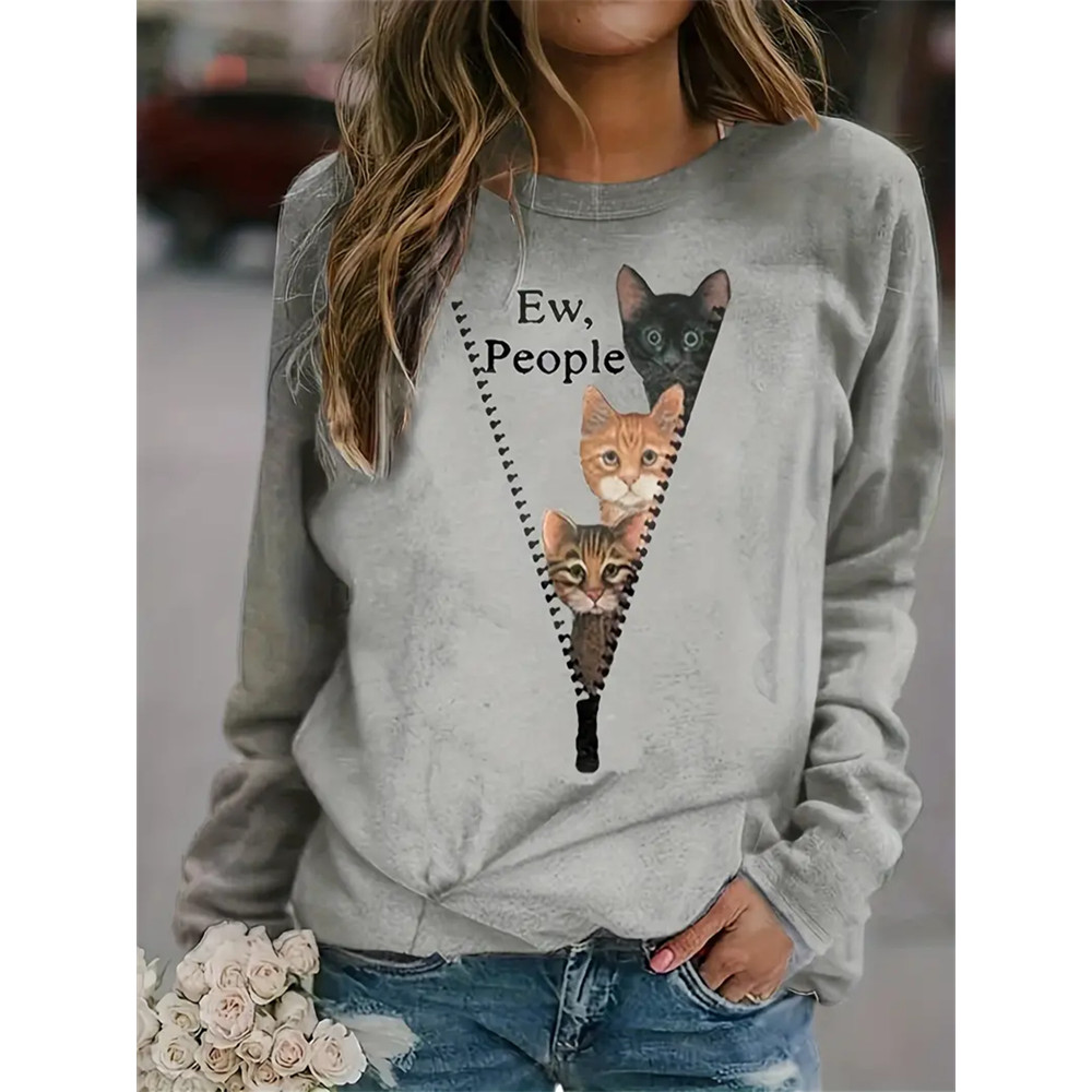 Cats & Zip Print Crew Neck Sweatshirt