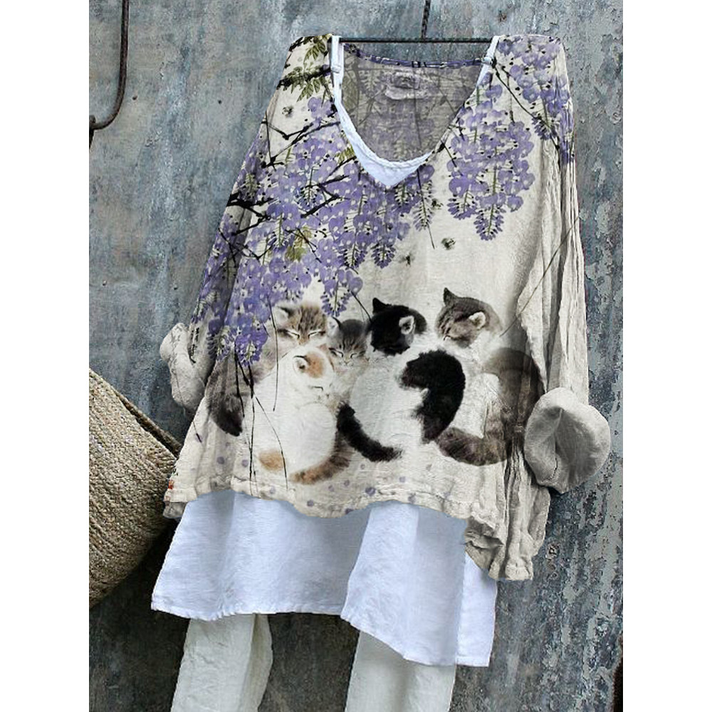 Cats under Floral Tree Japanese Art Flowy Tunic